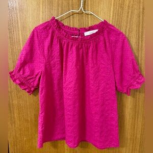 LOFT Fuchsia Eyelet Puff Sleeve Blouse